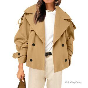 Cropped Trench Coat Double Breasted Windproof Jacket Fall Outerwear